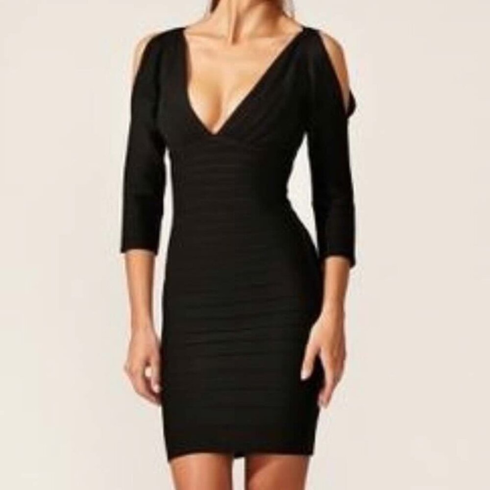 Herve Leger Black V-Neck Cold Shoulder Kayann Bandage Dress - XS